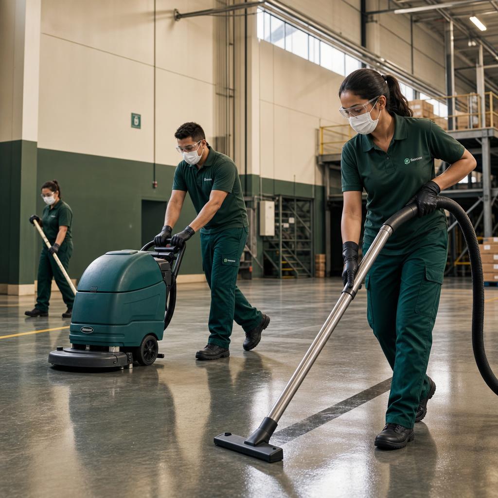 Professional cleaning team servicing a large warehouse facility
