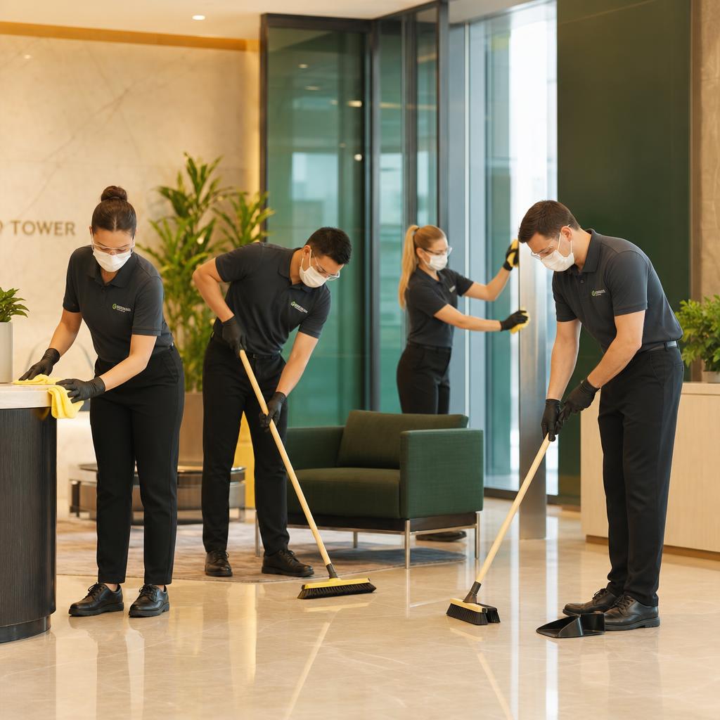 Professional cleaning team deep cleaning a commercial lobby