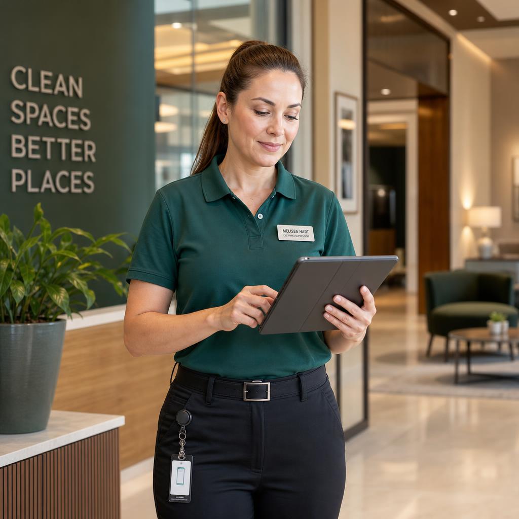 Cleaning supervisor using a digital tablet for real-time updates